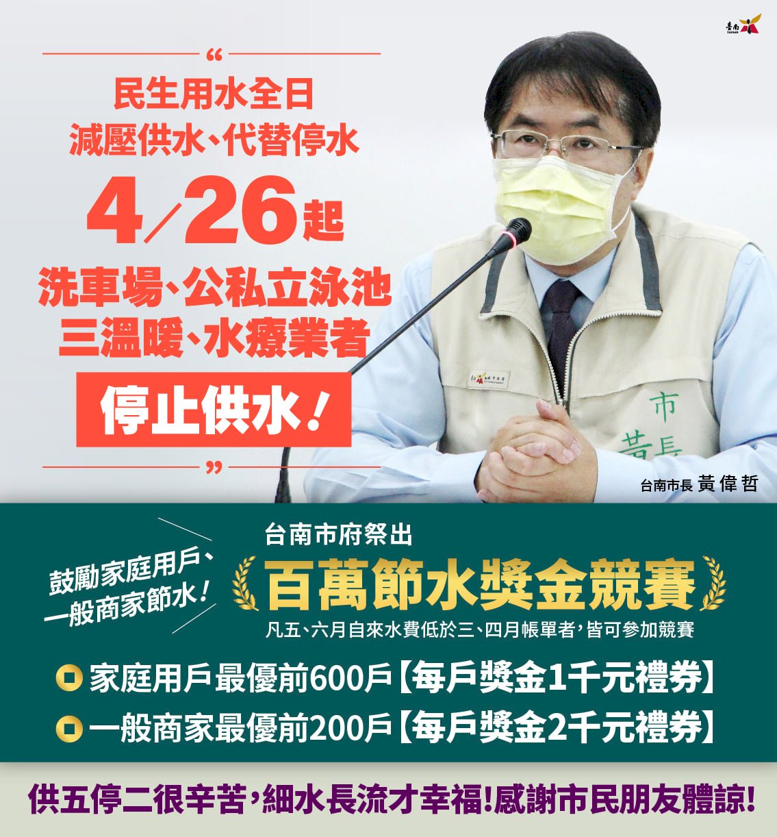 台南市、4/26より洗車場、プールへの給水を停止