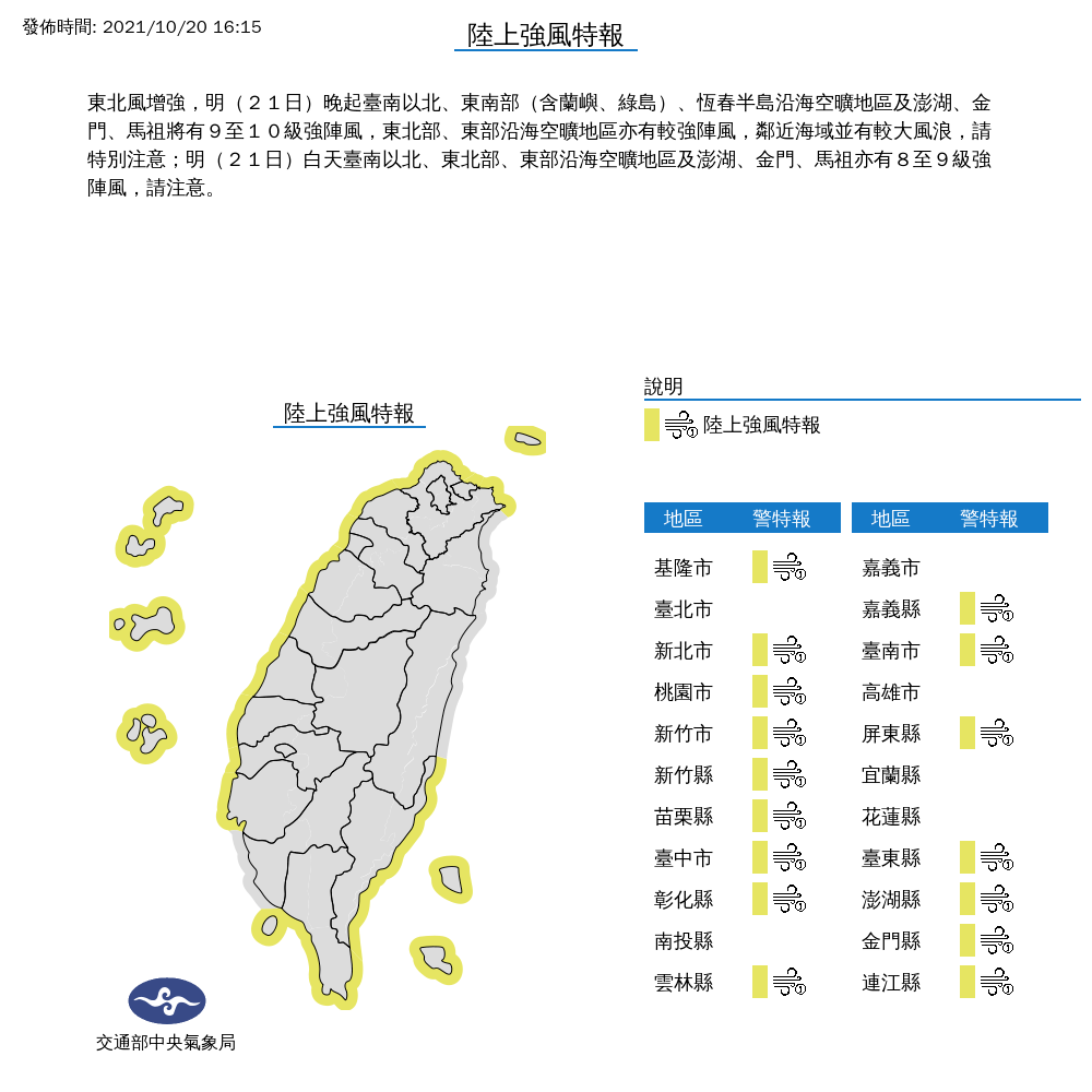 10/21より季節風強まる、台北が19℃に下がり大雨も