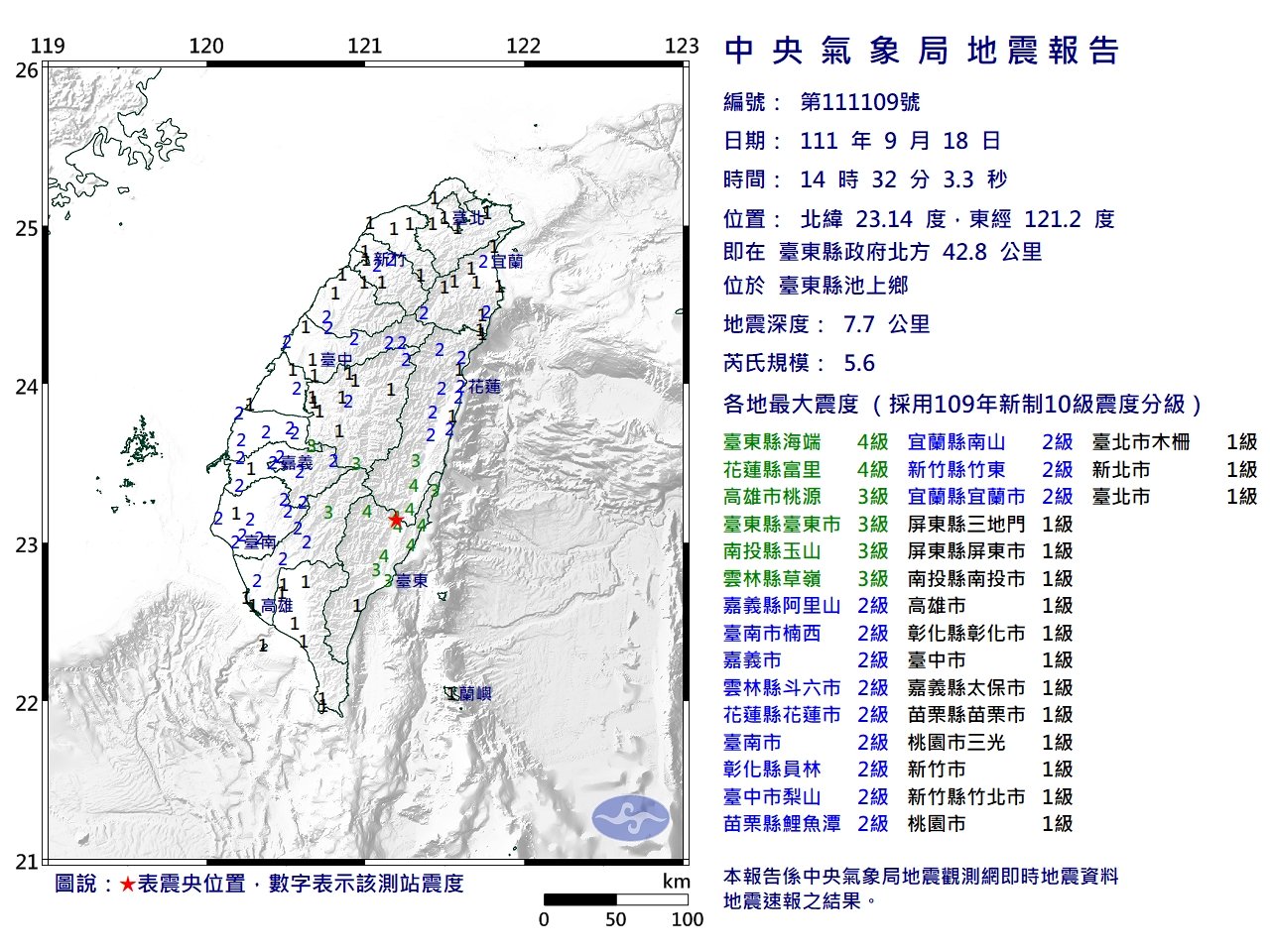 9/18台東でM 5.9の余震、中央気象局＝エネルギーの放出に有益