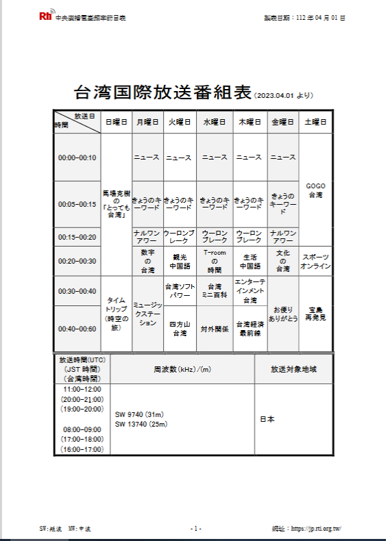 台湾国際放送の新番組表（2023.04.01より）