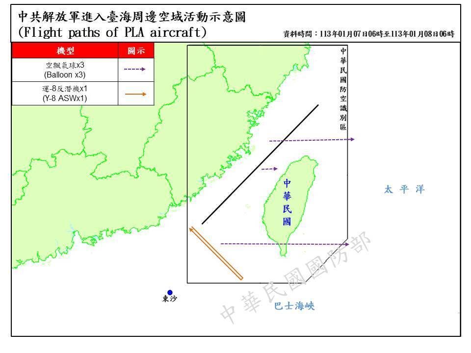 中国の軍用機と偵察気球が台湾空域を侵入