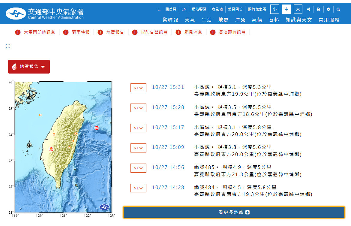 南部‧嘉義を震源とする地震が相次ぐ、今後1週間はM4以上の余震に注意