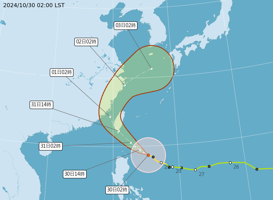 【台風21号】海上、陸上警戒区域が拡大、10/31花蓮以南に上陸の恐れ
