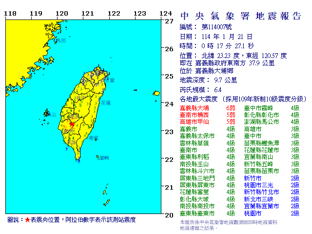 【地震速報】嘉義大埔でM6.4の地震、最大震度6